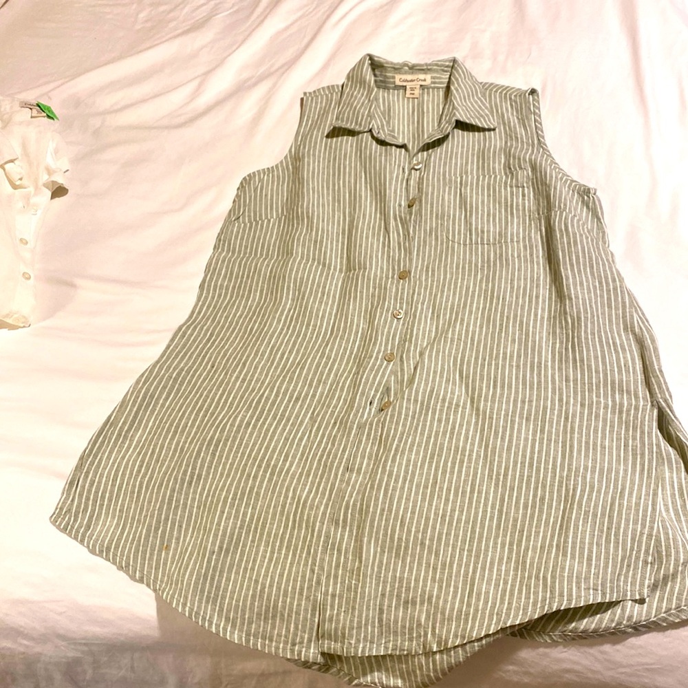 Coldwater Creek linen green and white striped tunic, PM